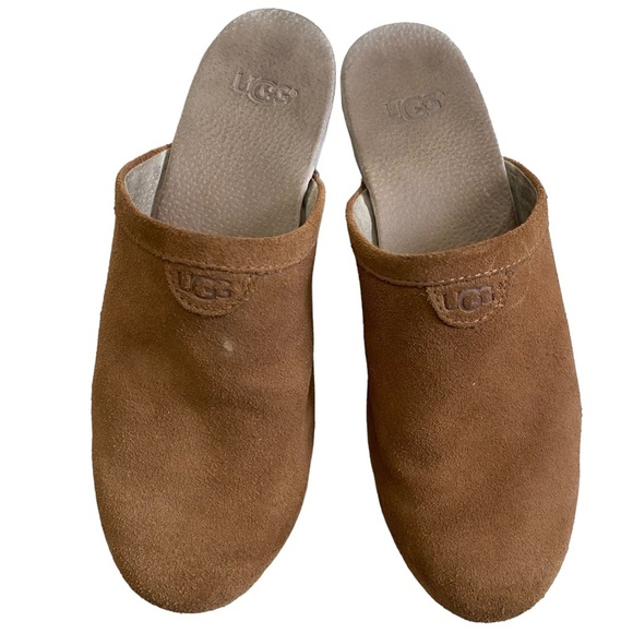 Ugg suede tan leather clogs mules slides wooden chunky heel shearling lining - Picture 1 of 10